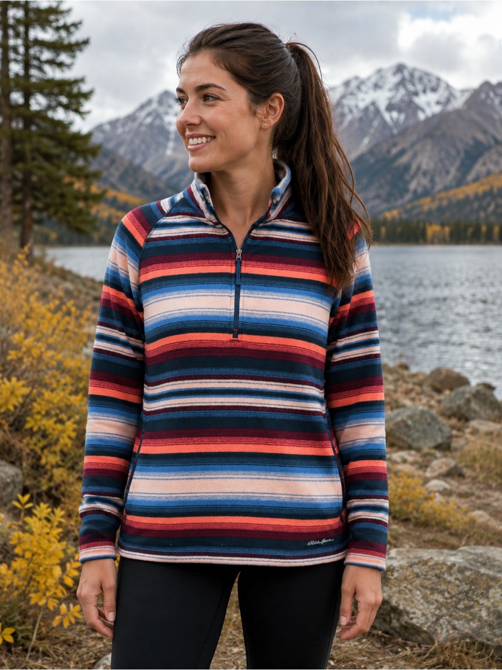 Eddie Bauer Women's Striped Half-Zip Pullover in Blue & Coral